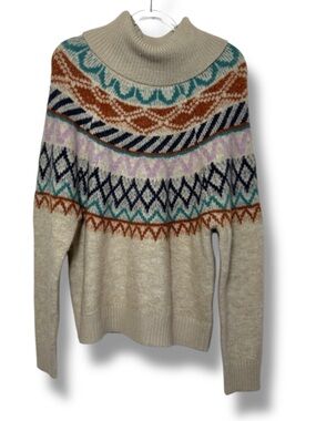 Neutral Fair Isle Turtleneck Sweater with Multicolor Yoke Blue Rust Cream Medium